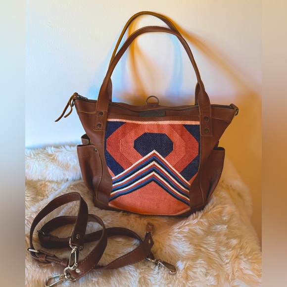 Nena & Co. Handbags - Nena & Co. Medium TPB Cafe Leather and gorgeous  Mountain & Sun huipil.